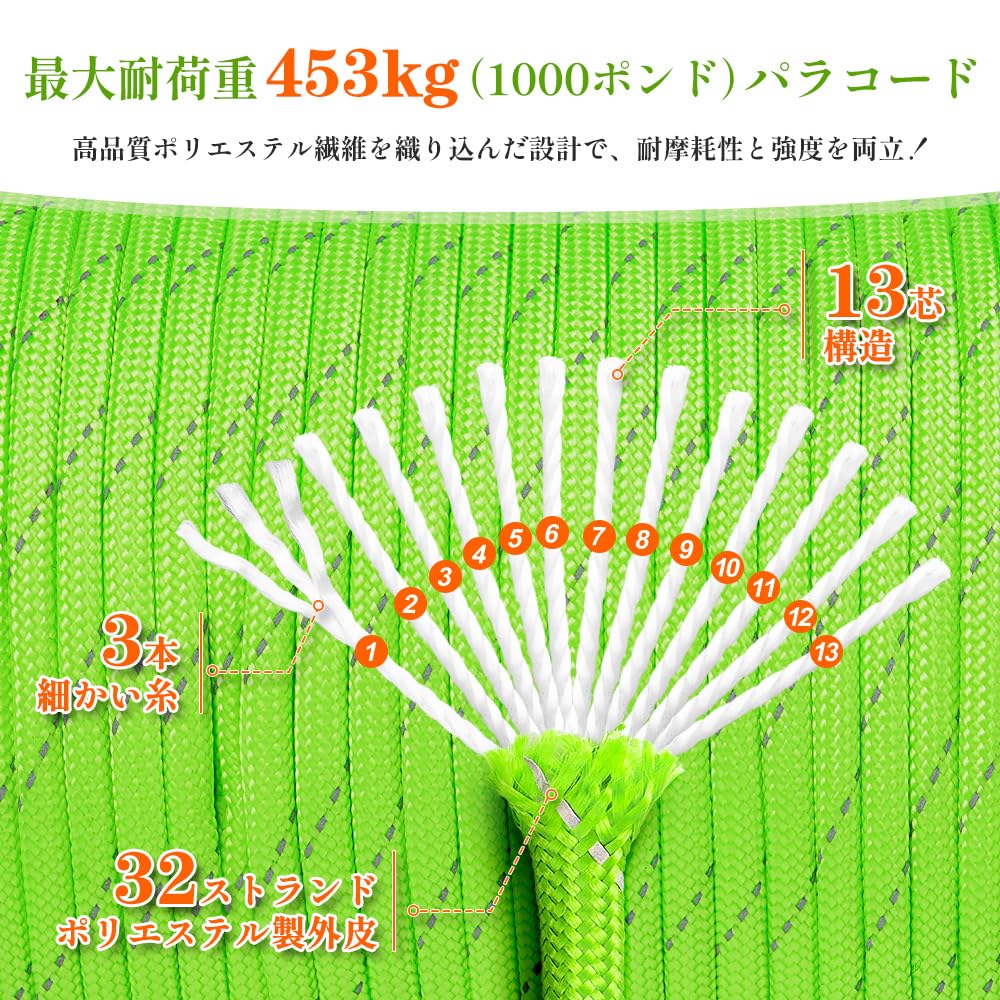 X XBEN Paracord Guy Rope, 4mm, Reflective, 13-Core Reinforced, 450kg Weight Capacity, 30M Roll, Multi-Purpose Camping Rope, Ideal for Outdoor