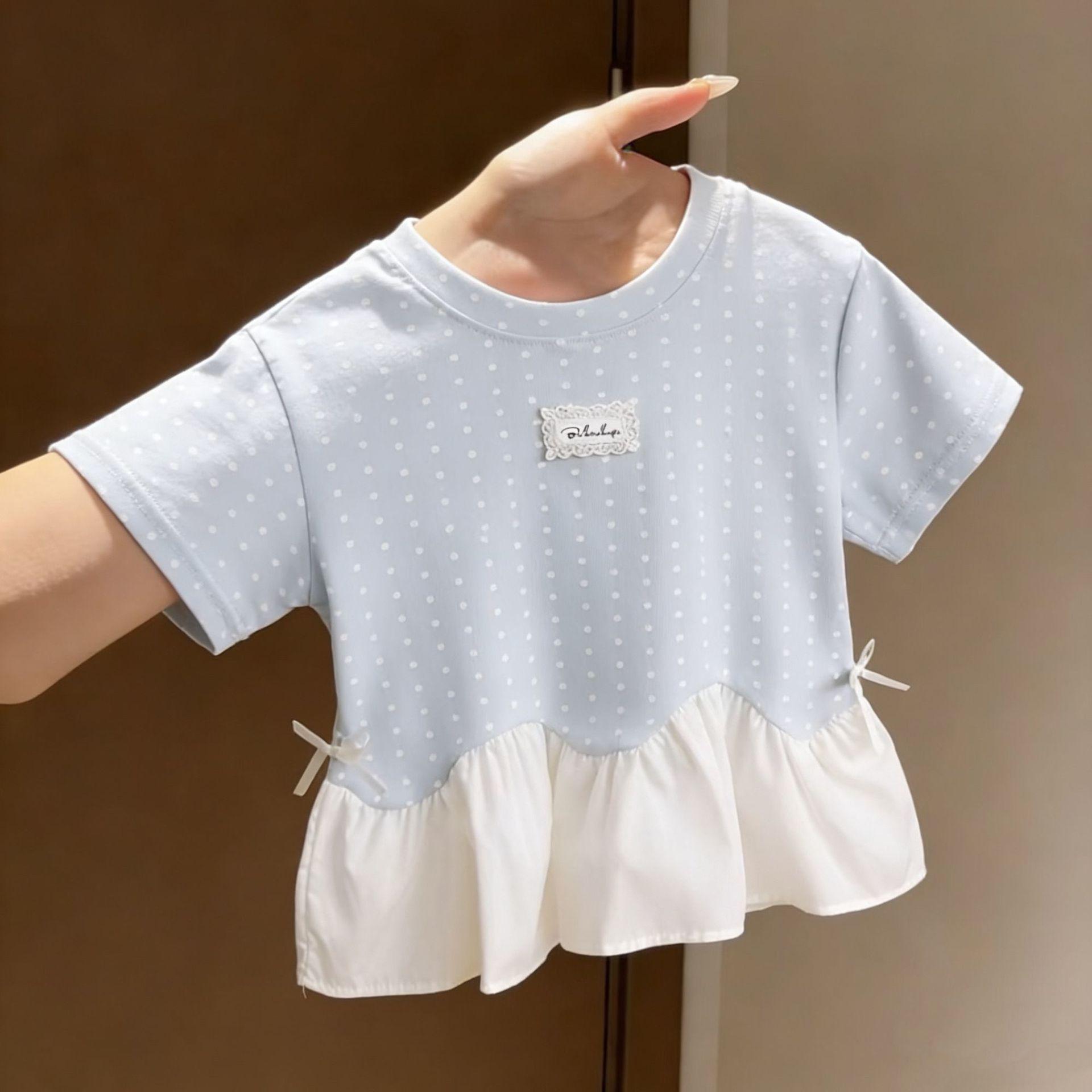 Korean Style Heart Print Lace Trim Short-Sleeve Girls Summer T-Shirt 80cm