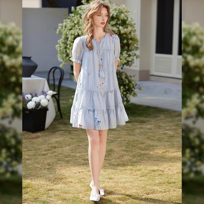 Bailuyu Embroidered Puff Sleeve A-Line Mini Dress