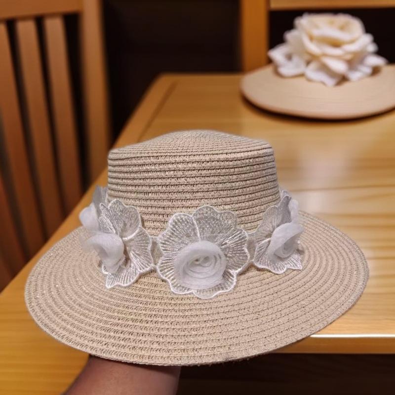 Summer straw hat women's French bow pearl sunscreen visor casual trip seaside sun hat French style