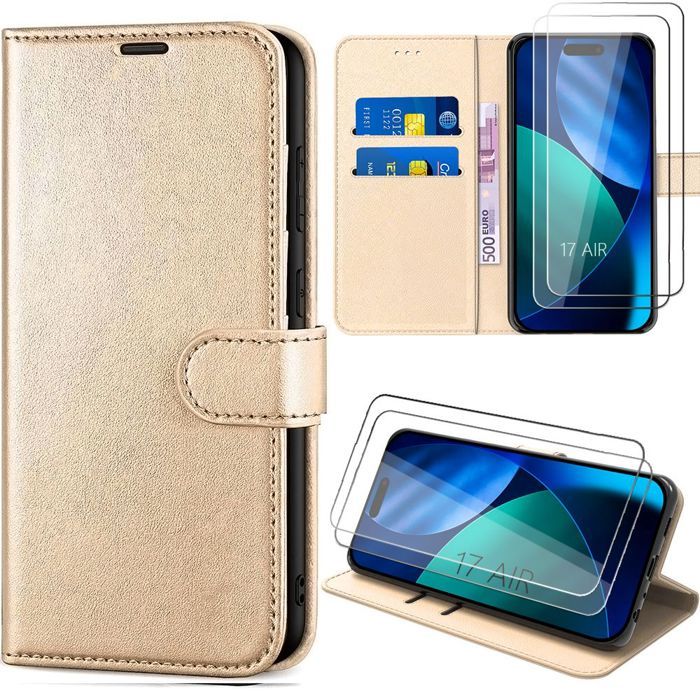 Coque pour iPhone Air - BOOLING - Flip Case Anti-Rayures Cuir Synthétique Doré - 2 Verres Trempés