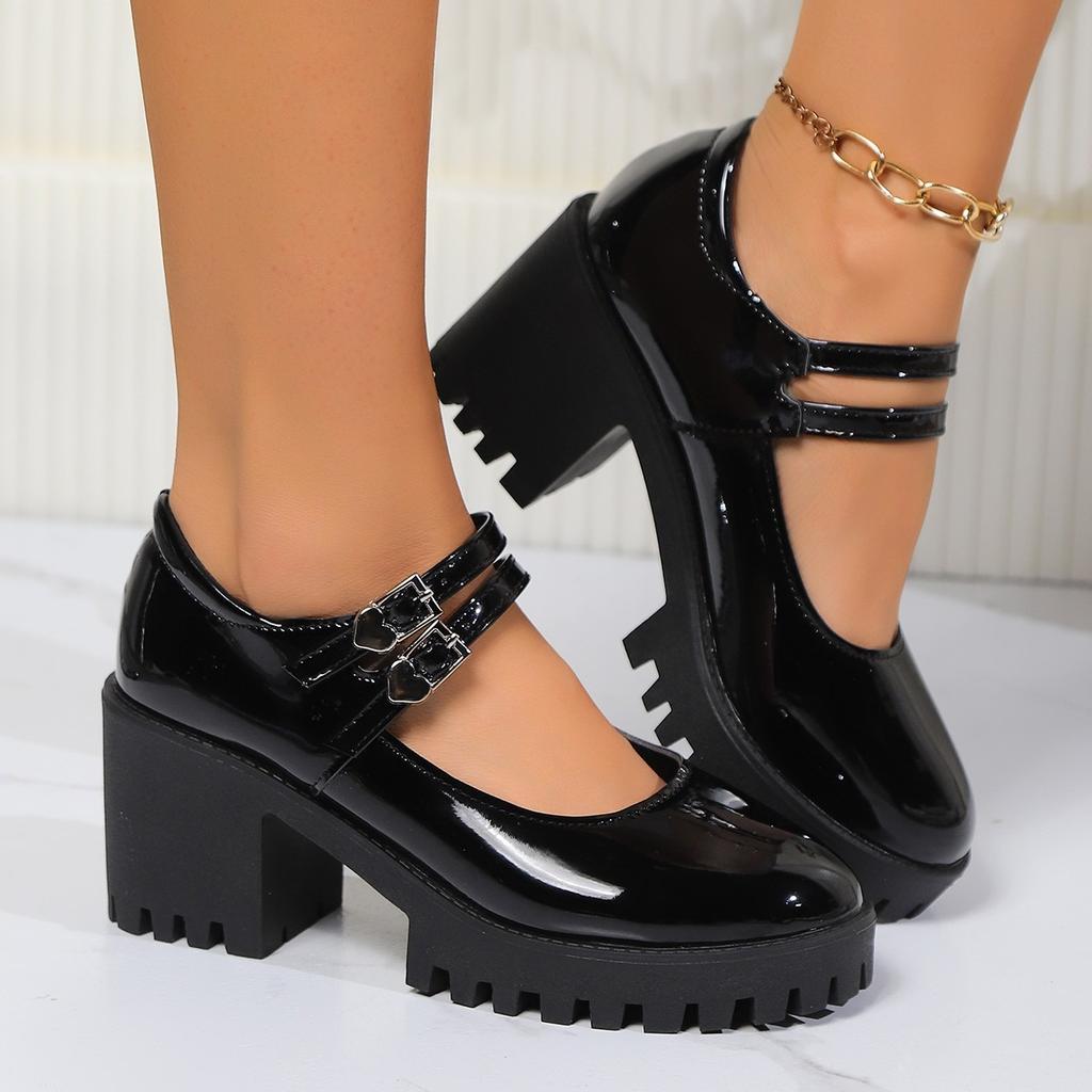 Mary Jane Women's Shoes High Heels Fashion Patent Leather Single Shoes Casual Belt Buckle Pumps Round Head Platform Loafers
