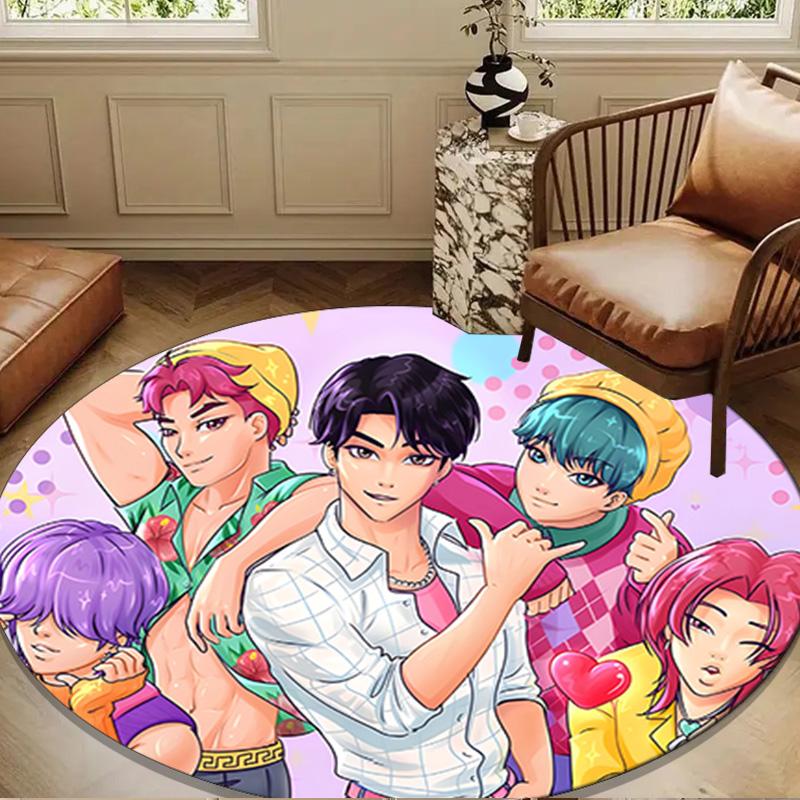 Colorful Kpop Cartoon Round Rug for Livingroom,Bedroom, Palyroom, Chair Rug, Area Rug, Circle Carpet, Large Size Fan Christmas Gift
