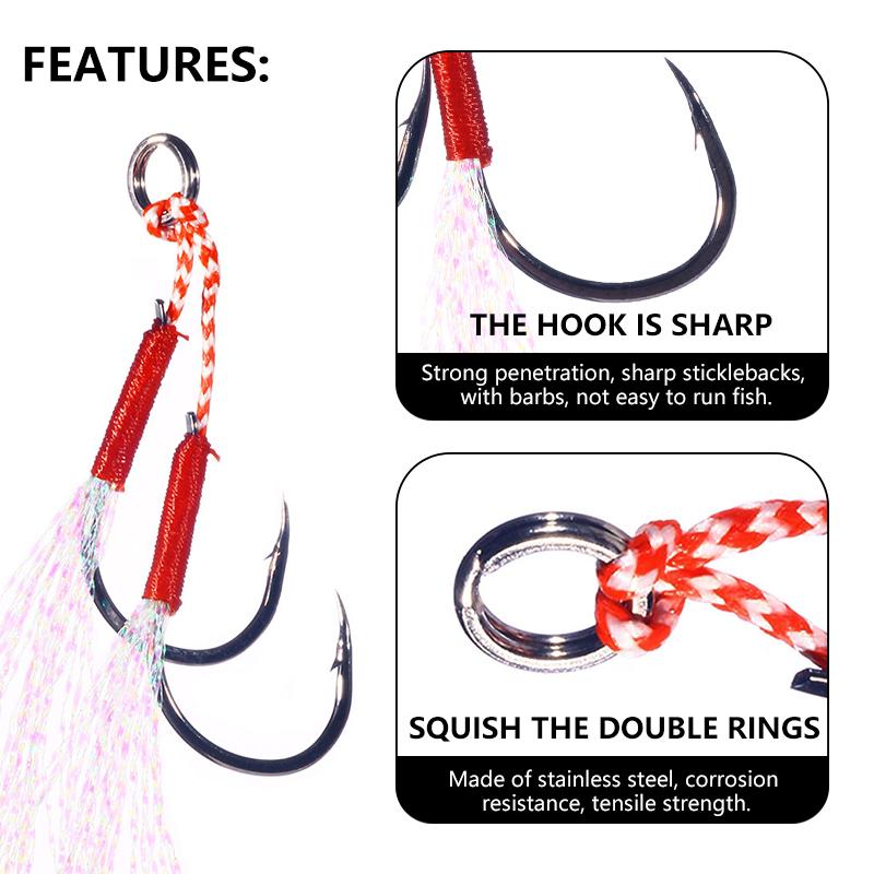 5pcs/lot Fishing Hook Metal Cast Jigs Assist Hook Barbed Single Jig Hooks Thread Feather Pesca High Carbon Steel