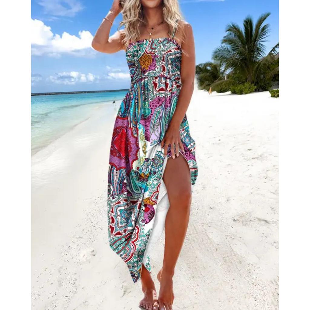 Women's  Summer Fashion Printed Backless Strapless Maxi Suspender Dress for Vacation