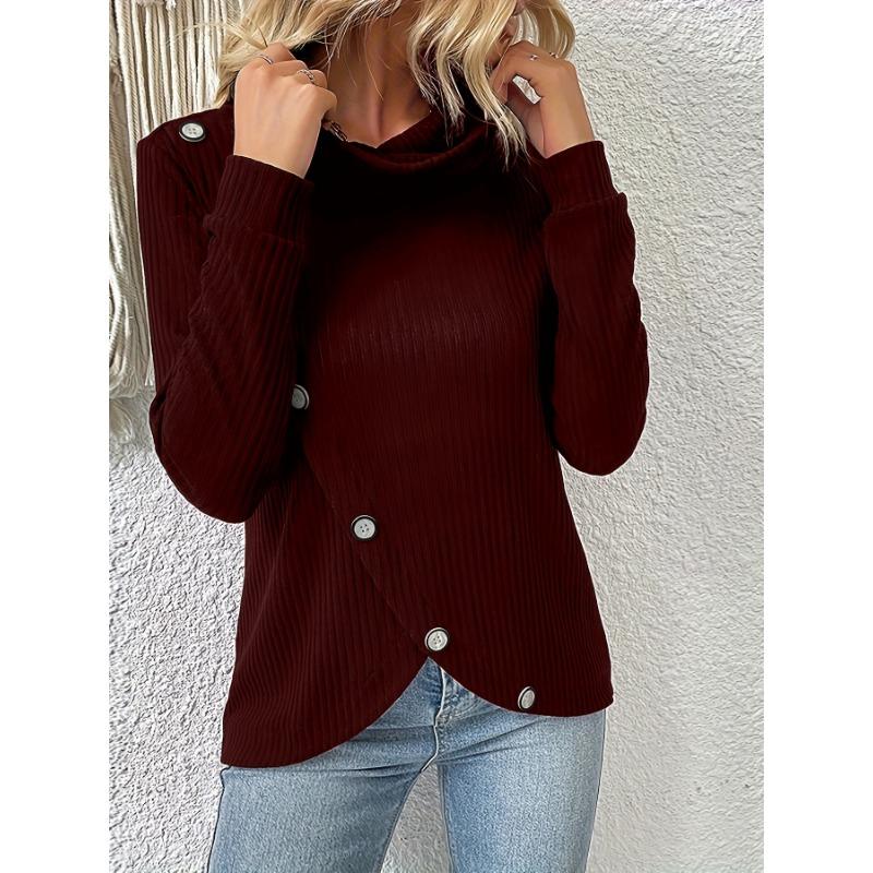 Women S Long Sleeve Knit Pullover Top Mock Neck Solid Color Irregular Hem