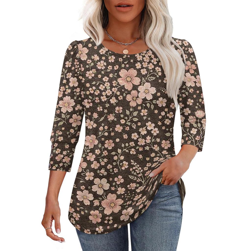 Women Casual Floral Print Loose Fit Round Neck Three Quarter Sleeve Blouse Lightweight Comfortable Top for Everyday Wear