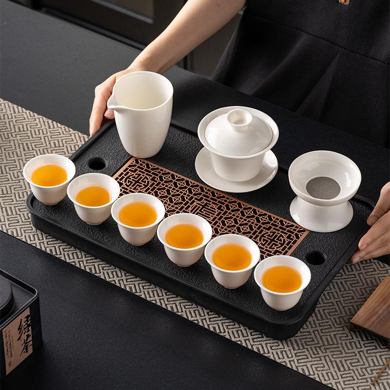 High-grade suet jade white porcelain ink bowl cover kung fu tea set gift box, a complete set of bowl cover ceramic souvenirs