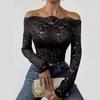 Scallop Neck Edge One-Line Collar Strapless Single-Layered Lace Slim T-Shirt Long Sleeve Tops Versatile Closet Essential Fashion Items Shirt