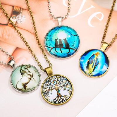 Retro Kulatý Drahokam Halloweenská Kočka & Strom Života Náhrdelník