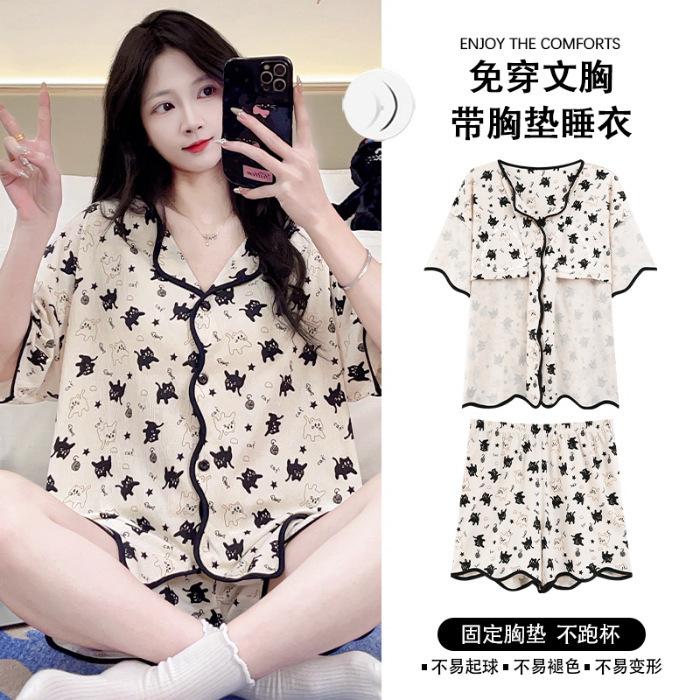 Kommt mit integriertem Brustpolster Pyjama Damen Cardigan Kurzarmshorts Sommer Cartoon Katze Loungewear