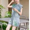 Summer Women Denim Two Piece Set Vintage Embroidered Wide Leg Shorts Chinese Fashion