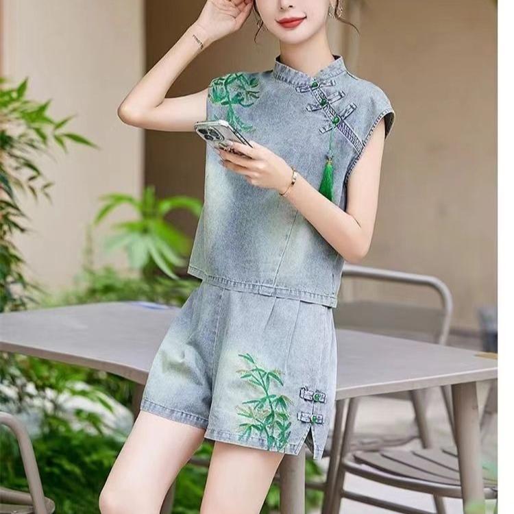Summer Women Denim Two Piece Set Vintage Embroidered Wide Leg Shorts Chinese Fashion