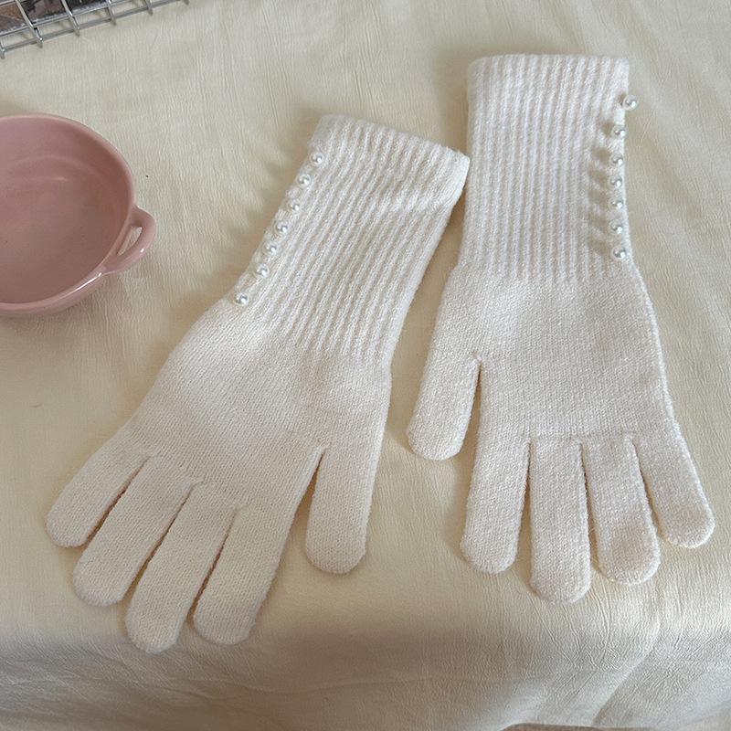 Korean Style Autumn/Winter Pearl Fingerless Touchscreen Wool Gloves for Women