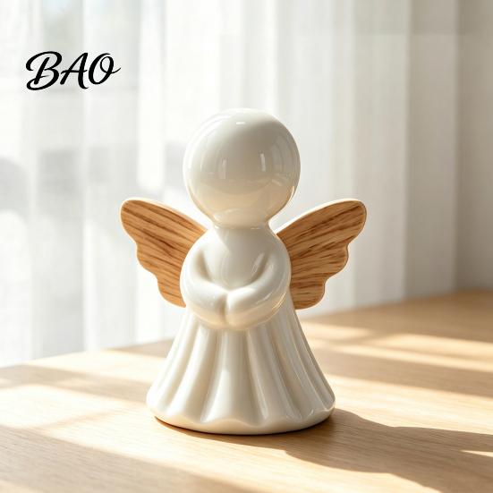 White And Wood Style Decor Minimalist Angel Figurine with Texture Wings, Compact Statue, Halloween Decorative Ornaments Sculpture for Home Office Desk