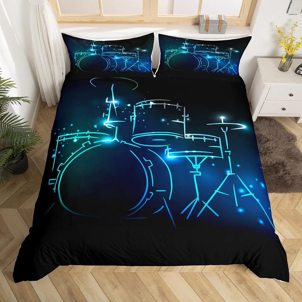 Rockmusik Weiß und Schwarz Bettbezug Doodle Zeichnung Skizze Schlagzeuger Musikalische Inspirationen Monochromes Arrangement Dekorativ Kinder