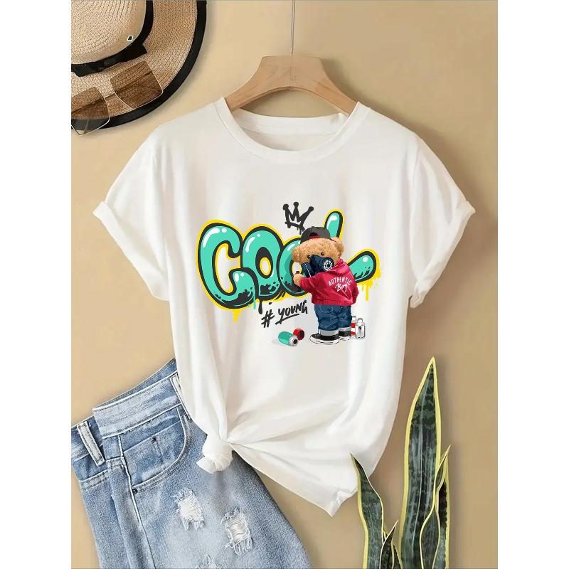 European Size Plus Size - Women'S Casual Crew Neck T-Shirt with "GOOD VIBES" Graphic, Black Teddy Bear & Red Car Design, Machine Washable