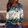 Women's Fashion Casual Slit Hem Round Neck Long Sleeve Loose Christmas Printed T-Shirt Ladies Top