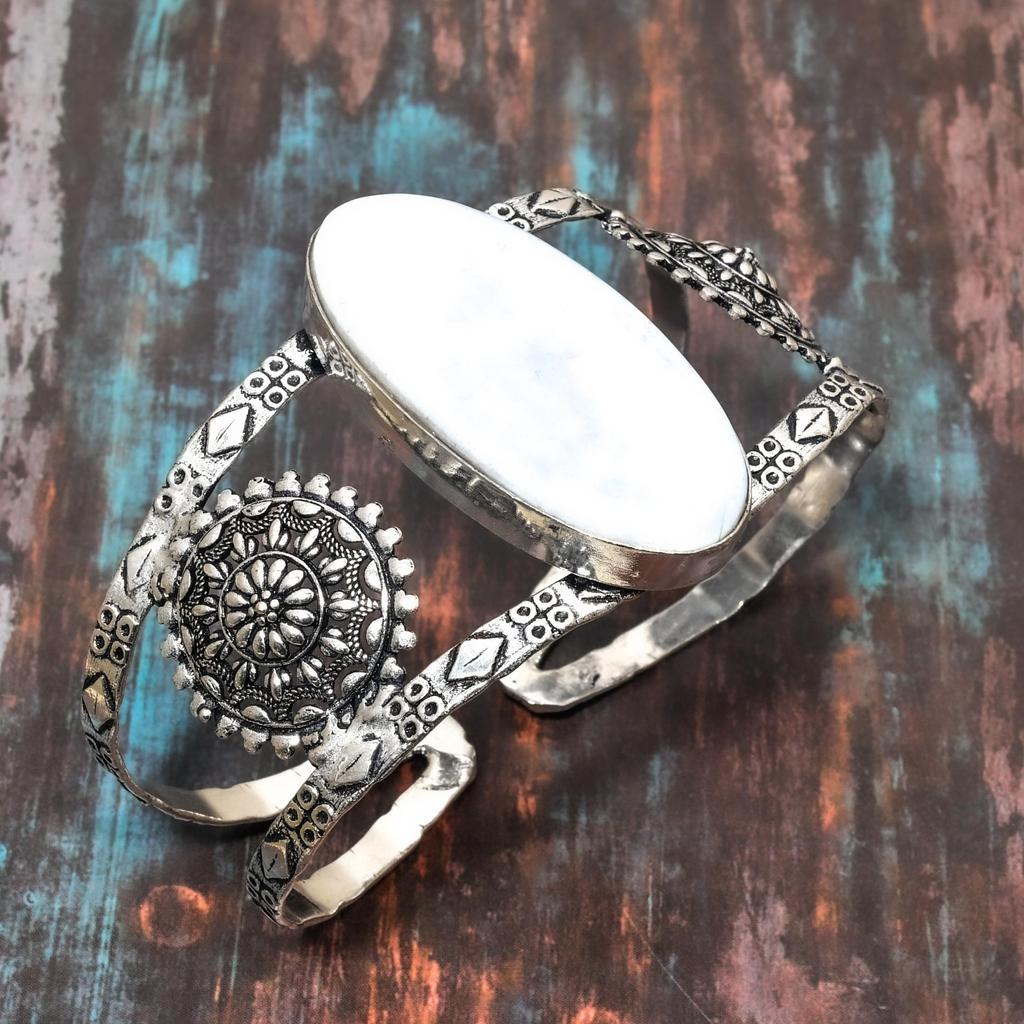 Perlmutt-Edelstein, 925er-Sterlingsilber, handgefertigt, erstaunlicher Schmuck, verstellbarer Armreif/Manschette