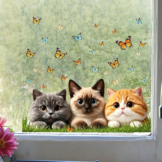 Adesivo Vetro Statico DYS Gatto Farfalla, Decalcomania Decorativa Impermeabile Animale per Finestra, Adesivo Rimovibile Animale Domestico per Camera da Letto Balcone Cucina