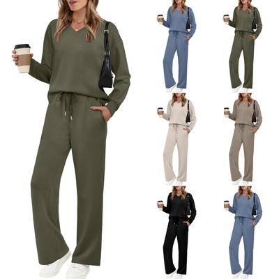 Women's Color Long Sleeved Drawstring Casual Top And Pants Set