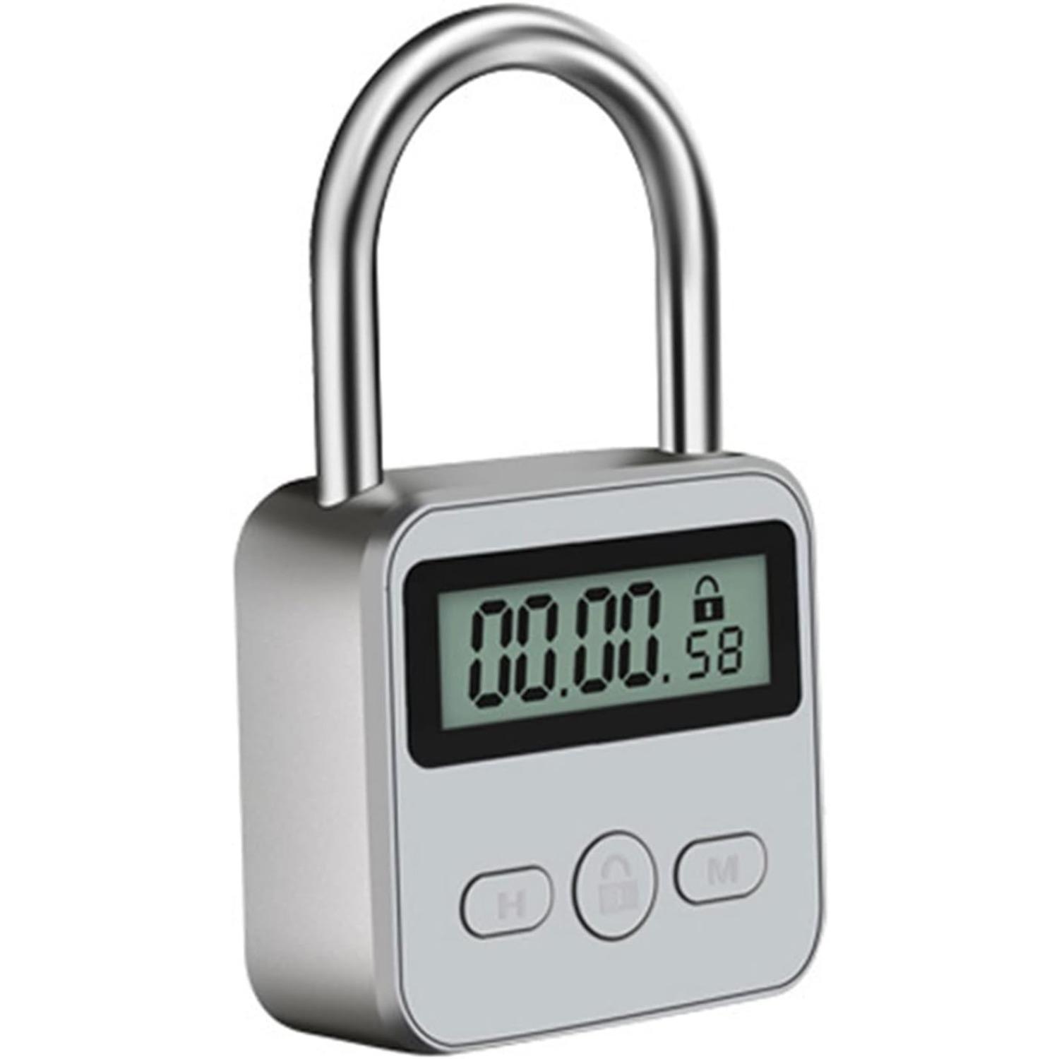 Metal Timer Lock, LCD Display Multi-Function Electronic Timer Lock, 99 Hours Max Timing, USB Rechargeable Timer Padlock (Silver) серебряный