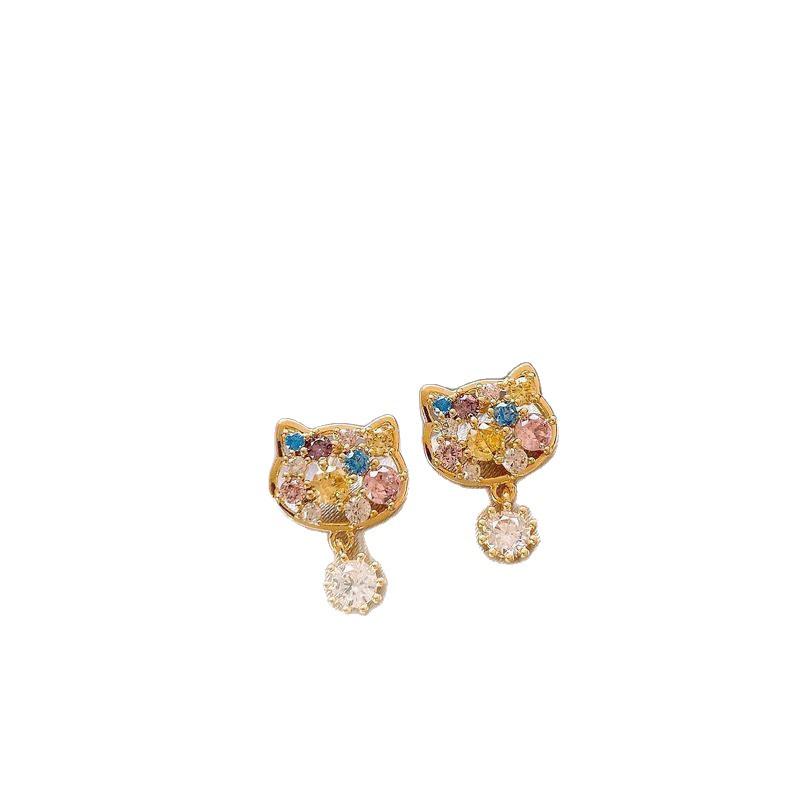 18k Gold Plated Zircon Cat Earrings - Elegant Silver Needle Studs for a Luxurious Look