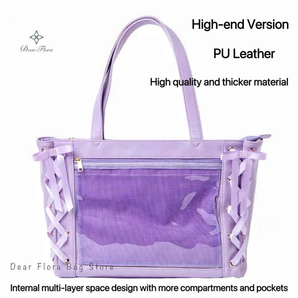 Japanese Sweet Women Ribbon Ita Bag Cute Girl Transparent Handbags Large Capacity Tote Bag Aesthetic Shoulder Bag