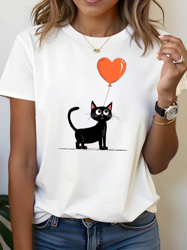 Boho Cottagecore Daisy Cat Graphic Tshirt Unisexs Cute Floral Cat Line Art Print Casual Crewneck Short Sleeve For Daily Wear