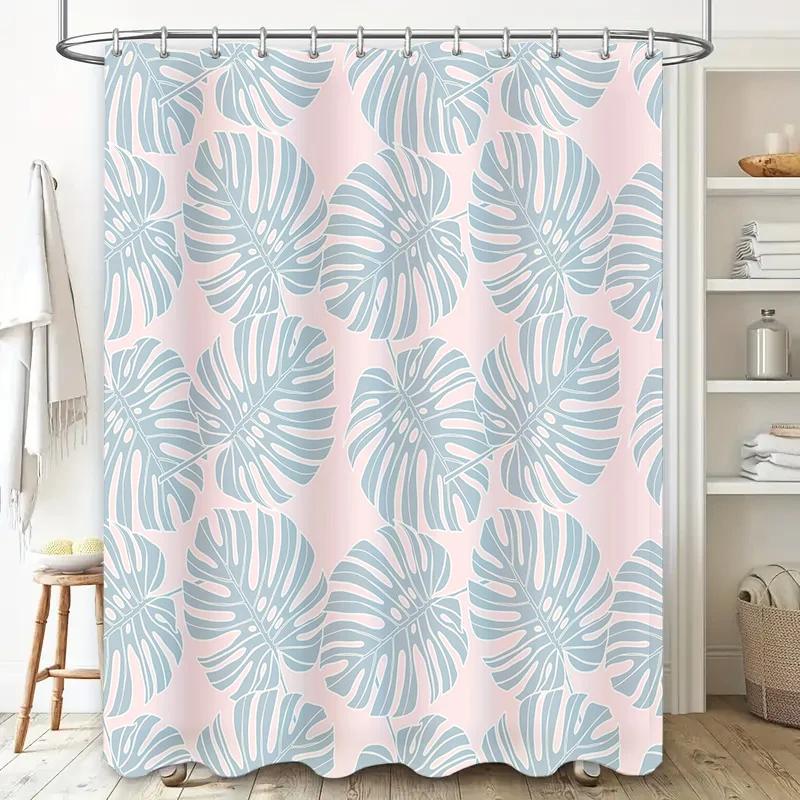 Modern Monstera Leaf Pattern Waterproof Shower Curtain Set for Bathroom Decor Light Pink Blue Colors Available in Various Sizes