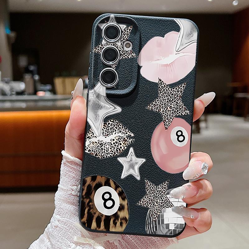 Vintage Leopard Print Stars Billiards Case For Samsung Galaxy S25 Edge S24 Ultra S23 S22 Plus S21 FE S26 Ultra Leather Texture Silicone Cover