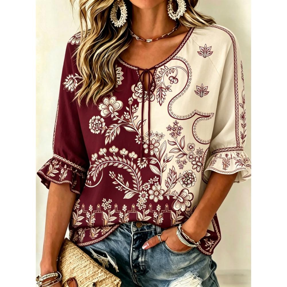 Women s Two-Tone Boho Floral Print Tie Front Blouse, Casual Loose Top for Spring Summer Daily Wear S
