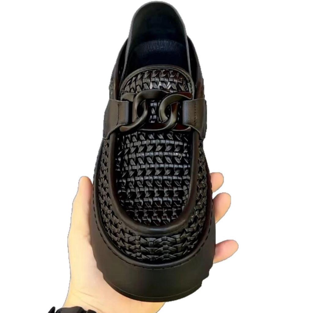 Mocasini Bărbați Stil European & American - Față Țesută Respirabilă, Talpă Groasă, Pantofi Casual Plați Perforați din Piele.