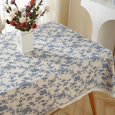 Blue Floral Pastoral Tablecloth, Vintage Cotton Linen Rectangular Table Cover  For Dinner Picnic Coffee Party Table Home Decor