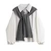 Frühling 3-teiliger Damenanzug aus koreanischer, lässiger, einfarbiger Bluse + Strickschal + Jeanshose mit weitem Bein für Damen