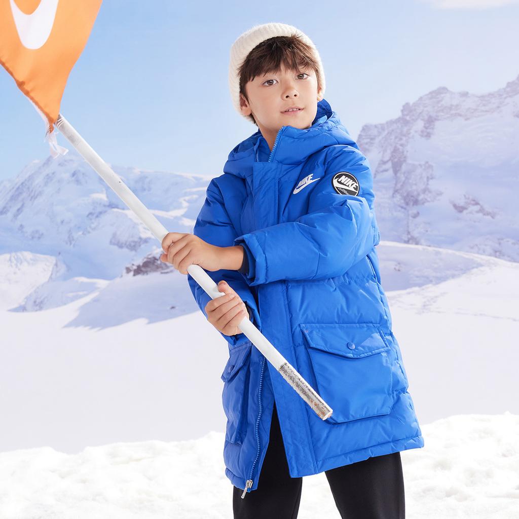 Nike Kapuzen-Daunenjacke Bequem Warm Mittellang Logoprint Kinderjacken Türkisblau NY2342002GS-002