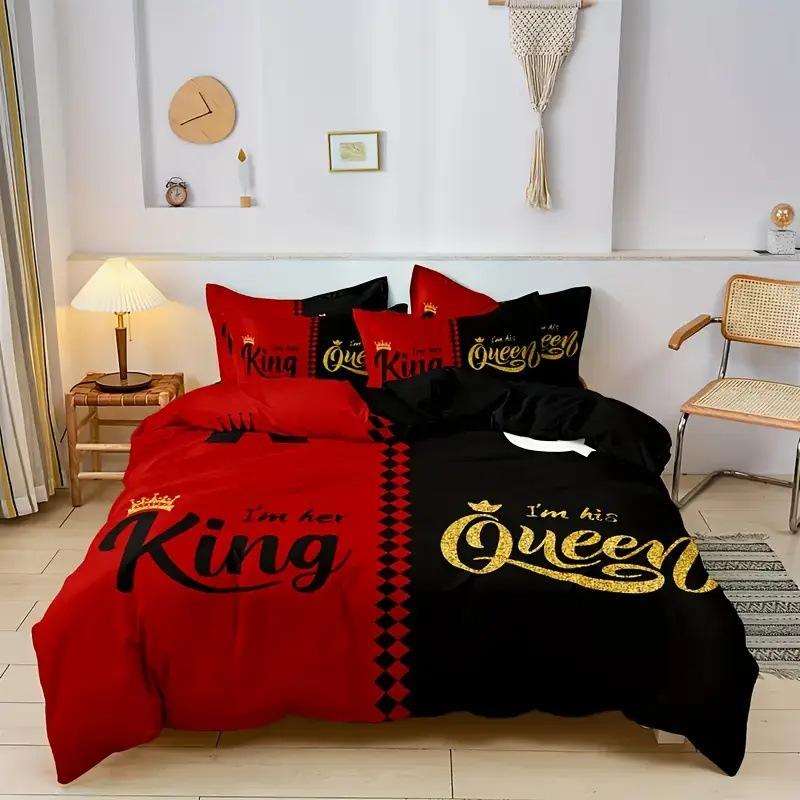 Comforter King Queen Black And Red Crown Design Comforter Soft Aesthetic Elegant Modern Bedding Set With 2 S