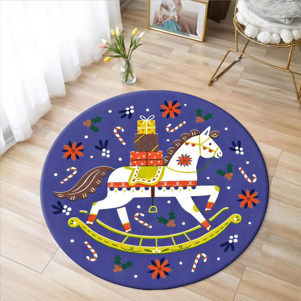 Christmas Horse Printed Circle Carpet for Living Room Decor Ballerina Cartoon Round Rug Sofa Kid Non-slip Floor Mat Rugs
