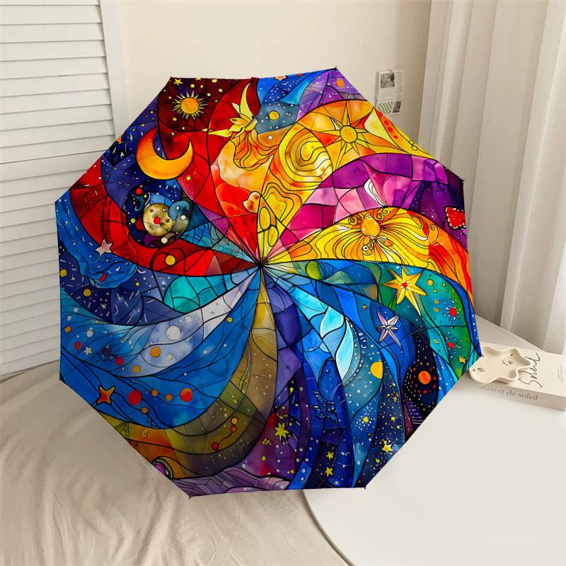 

1PC Stained Glass Mandala Automatic Open/Close Umbrella with Windproof, 8-Rib Sturdy Canopy, Durable Ribs, Fashionable Design,1255A