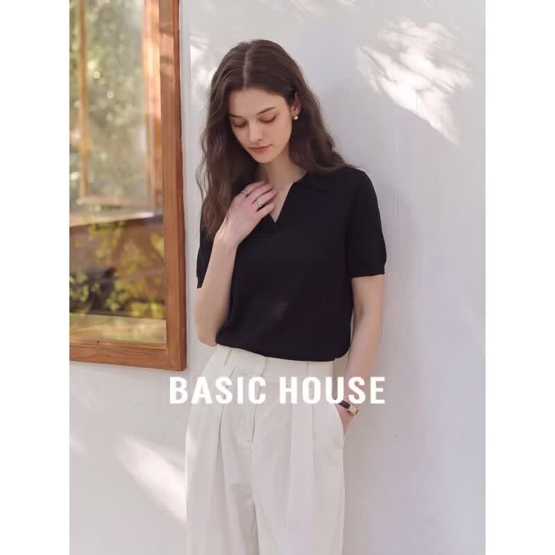 Basic House Women s Black Tencel Polo Knit Top XL