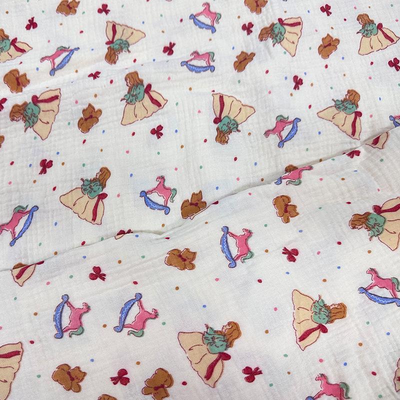 Double-Layer Printed Cotton Crepe Nightgown with Wrinkled Fabric
