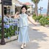 Chinese-Style Girls' Summer Two-Piece Outfit for Medium & Large Children - Retro, Stylish & Comfortable.