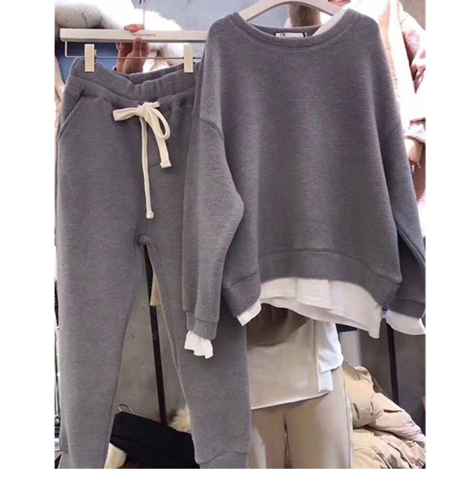 

Женский повседневный свободный костюм-двойка с круглым вырезом - весна/осень 2023 г., стиль Гонконг Medium серый