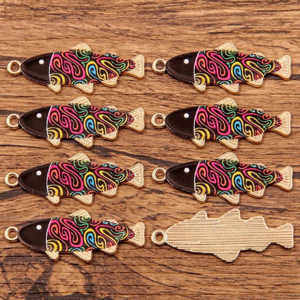 9-Color Small Fish Pendant, 14x35mm Alloy Charm, KC Gold Enamel Sea Animal Accessory