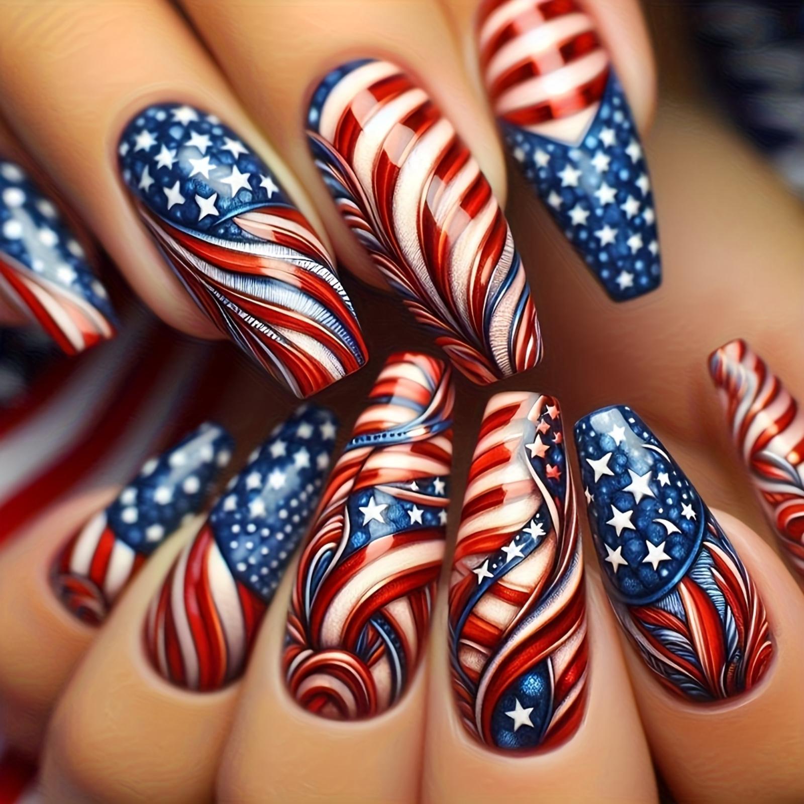 

24 Piece Retro Gorgeous Feather Star Striped Independent Day Nail Kit one size