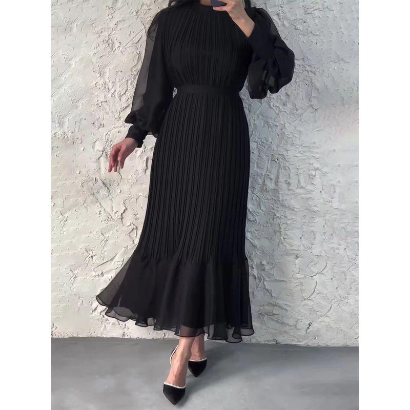 

European and American New Elegant round Neck Pleat Lace-up Waist Hugging Dress round Neck Closed Pleated Dress Black 2XL