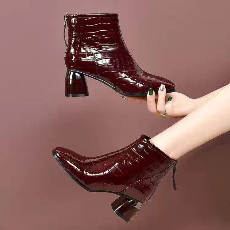 Women's Patent Leather Chunky Heel Ankle Boots - French-Style Bestseller