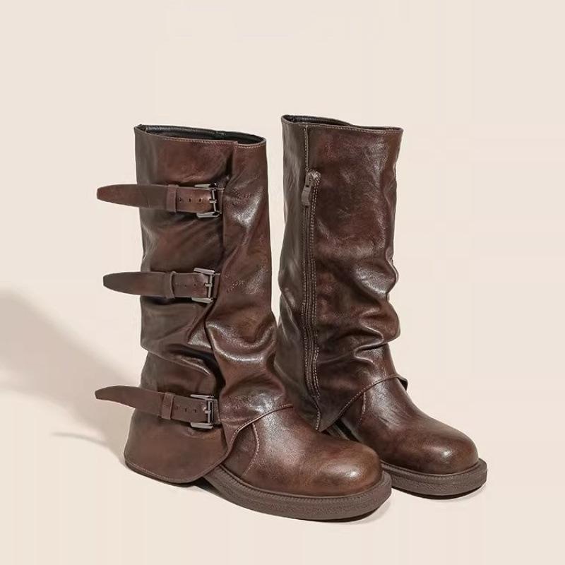 2025 Autumn and Winter New Retro Belt Buckle Western Cow Boots Wrinkled Boots Thick Heel Trouser Tube Boots Knight Boots Spice Girl Boots