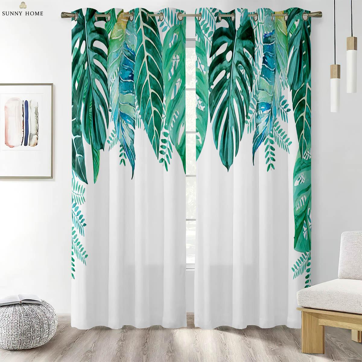 

2-Piece Set Of Tropical Vegetation Golden Green Pastoral Stylecurtains For Kitchen Area, Living Space And Bedroom Area Ornamentalcurtains W50xH140(CM)x2PCS&Rod pocket