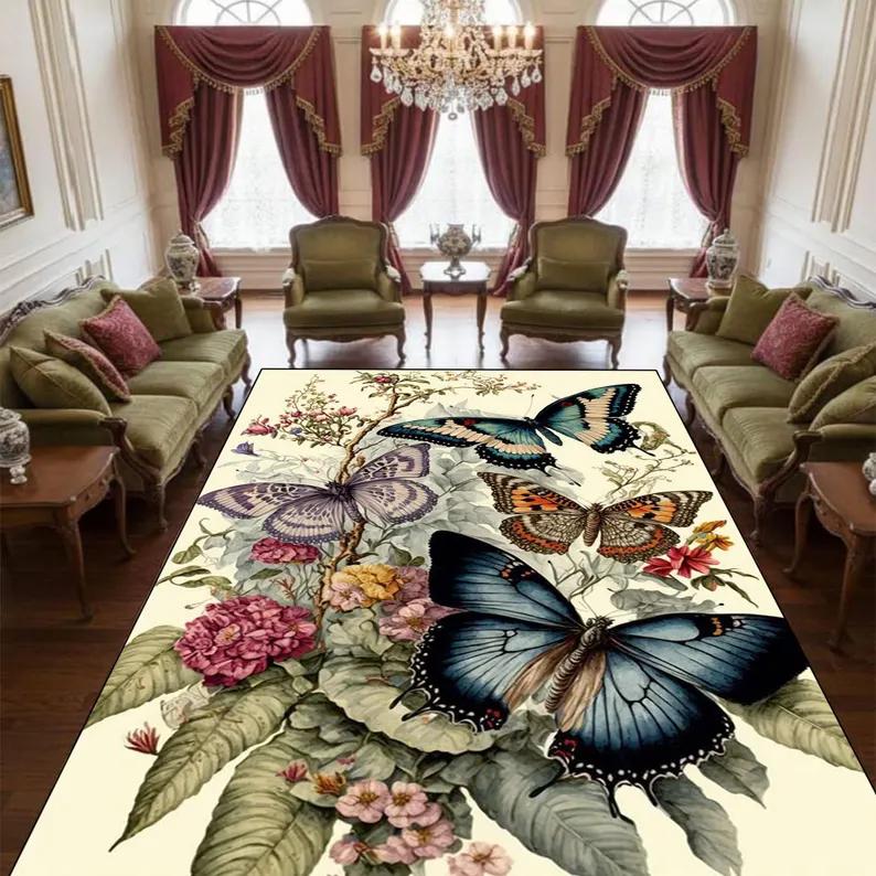 Boho Butterfly Area Rug Elegant Pastel Gold Floral Carpet Living Room Home Decor Floral Butterfly Anti-Slip Carpet Square Rugs 40x60cm